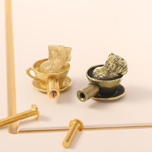 Gagang Pintu Kuningan dengan Desain Cangkir Kopi dan Kucing, Cocok untuk Gagang Pintu Kamar Tidur Anak, Gagang Laci Kabinet Logam. - Product Image 2