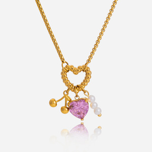 Heart Shape Zircon Stainless Steel Necklace with Pearl and Gold Beads Claw Setting for Daily Wear Gift - Product Image 1
