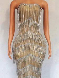 Déguisement scintillant sexy, en argent, décolleté plongeant en V, strass, extensible, bar, discothèque, chanteur, danse, compétition <span class=keywords><strong>de</strong></span> danse moderne, avec pompon - Product Image 2