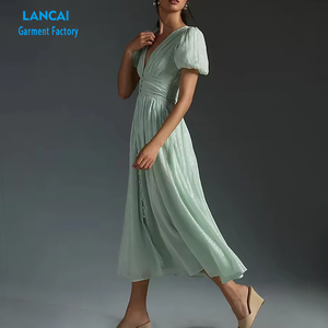 Ropa de diseñador personalizada para mujer, vestido veraniego elegante con escote en V profundo, maxi mangas abullonadas, vestidos informales - Product Image 2