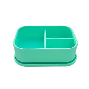 便携式3格食物储物鲜艳简单格子硅胶儿童防漏饭盒
