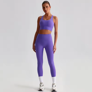 2 Piece Yoga Set Crisscross Back <b>Crop</b> <b>Top</b> High Waist Full Length Leggings Seamless Solid Color Spandex Polyester - Product Image 6