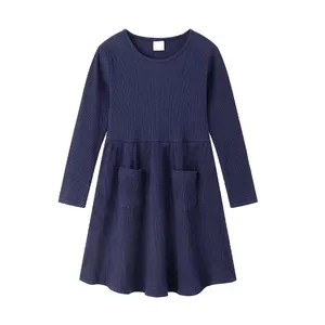 Organic Cotton Children's Dress Kit Custom Girl Dress Eco Girls Long Sleeve Ribbed Knit Dress Children's Clothing For Girls