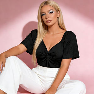 Blusa Personalizada con Ojales, Botones, Cuello en V Profundo, Mangas Cortas con Volantes, Dobladillo Peplum, Transpirable, Tejida a Crochet, Moderna - Product Image 5