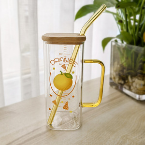 Wholesale High Quality Transparent <strong>Can</strong> Cups <strong>With</strong> Bamboo Lids and Glass Straw Square Glass Coffee Cup <strong>With</strong> Color <strong>Handle</strong> - Product Image 4