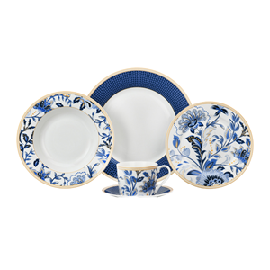 Service de table 20 pièces de haute qualité, motif floral bleu oriental classique, en porcelaine fine, pour usage domestique, compatible micro-ondes et lave-vaisselle - Product Image 1