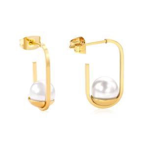 Pendientes de Aro con Perla Blanca en Forma de Letra G de 8mm, Chapados en Oro, de Buena Calidad - Product Image 2
