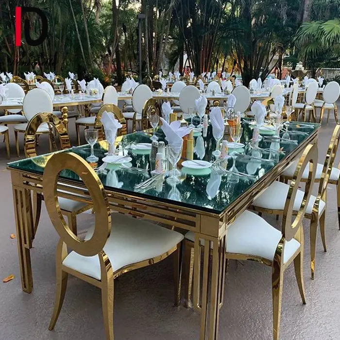Yeni tasarım beyaz siyah ayna cam üst mdf 10 kişi altın paslanmaz çelik düğün otel olay masa