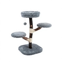 Arbre à chat minimaliste en bois massif Fancie FQPJ1052, tronc en bois naturel, corde en sisal, trois plateformes en peluche pour chats