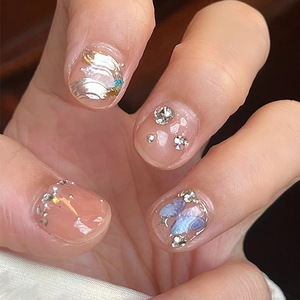 Automne hiver bleu petit papillon portable clignotant mille or nu court écrasé Dia ongles autocollants faux ongles détachables - Product Image 1