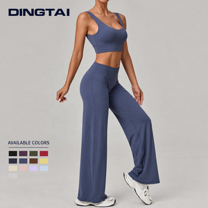 Ensemble de yoga Dingtai U Back à double bretelle pour femme, 2 pièces, avec coussinets amovibles, soutien-gorge de sport à ourlet large et pantalon droit, vêtements de sport - Product Image 4