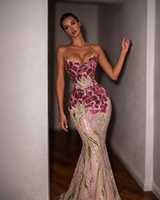 Robe de soirée sirène sans bretelles LM D289, col cœur, fleurs, sequins, broderie rose et verte, robe de cérémonie
