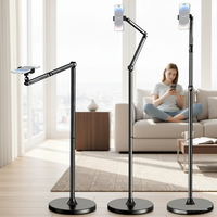 Support de téléphone à bras télescopique réglable et pliable, avec poignée flexible, base roulante, pour bureau, lit, streaming en direct