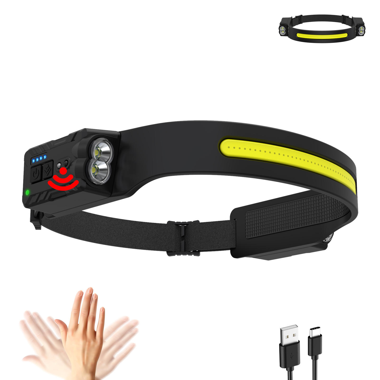 ไฟฉายคาดหัวซิลิโคนแบบหมุนได้สองหัว - แบตเตอรี่เดี่ยว - ไฟด้านข้าง 2 ดวง