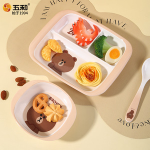 Brown Bear Childrens Melamine Tableware Set Divided Plate Bowl Spoon Cup Fork Heat Resistant Cartoon Kids Dining - Product Image 2
