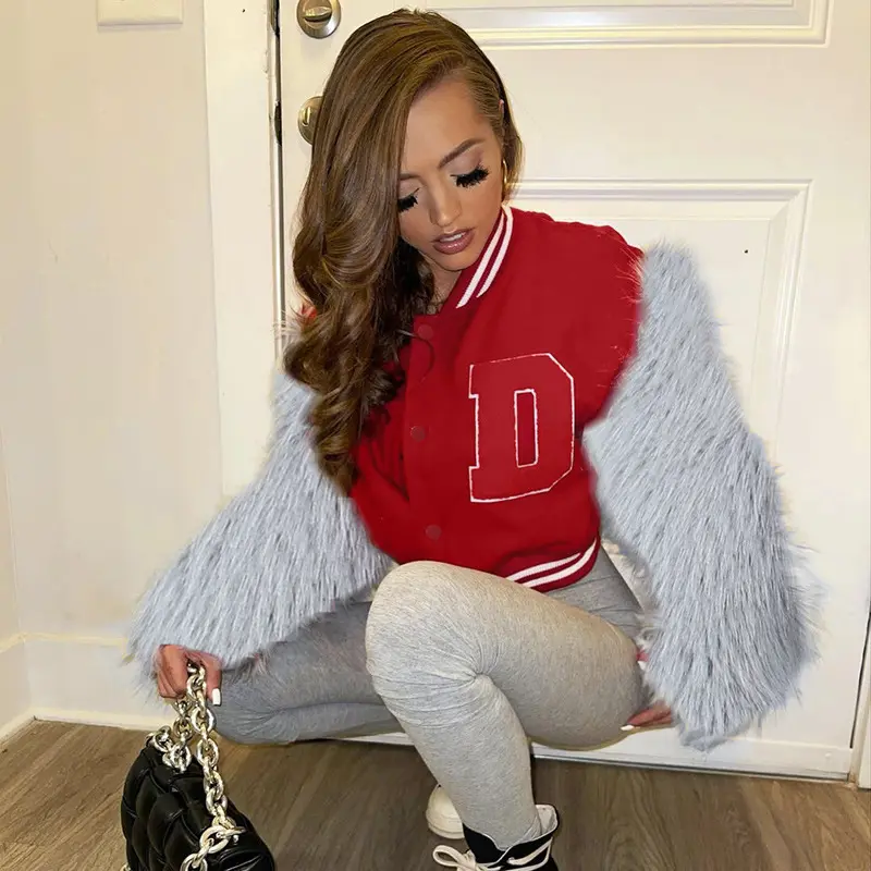 Fashion Women Clothes 2022 New Arrivals High Quality Varisty Jacket Fur Sleeves Trending Baseball Jacket Women With Fur Sleeves