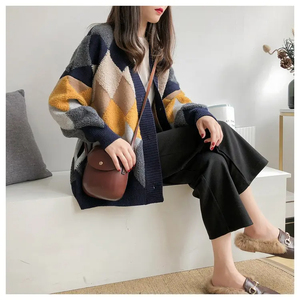 Cardigan coloré motif Argyle pull en tricot pour vêtements amples pour femmes - Product Image 3