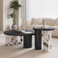 Ensemble de table basse ronde moderne et mobile pour salon avec plateau en marbre et mélange de bois
