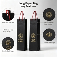 Sac cadeau en papier noir pour vin, logo personnalisé, dorure à chaud, poignée en corde de coton, emballage rectangulaire pour bouteille