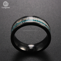 DGtungsten A168 Bague en carbure de tungstène plate noire de 8 mm avec incrustation de turquoise en forme de bois de cerf, tendance, unisexe, alliance confortable
