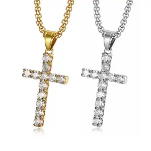 Atacado jóias colar de cruz de aço inoxidável-Colar pingente cruz de cristal dourado, joias de aço inoxidável