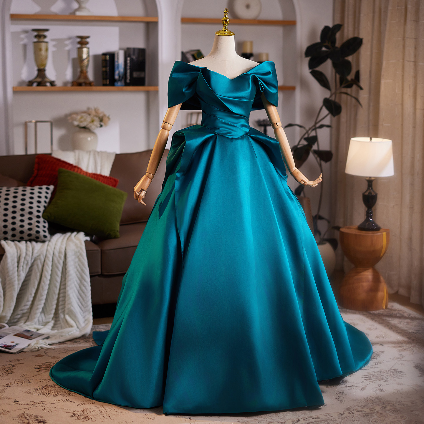 Blue Satin Ball Gown Dress - Girl Floor-Length Party