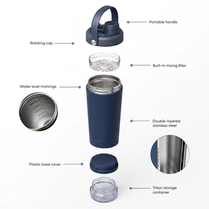 Nueva llegada 2026: Botella mezcladora de proteínas de acero inoxidable con doble pared y aislamiento al vacío, grado alimenticio OEM, con <span class=keywords><strong>compartimento</strong></span> de 500 ml para entrenamiento. - Product Image 5