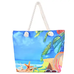 Custom Logo Digital Print Reusable Travel Canvas Summer Beach Shopping Bag large capacity foldable zipper Shoulder Tote Casual B