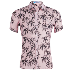 Logotipo personalizado de algodón de los hombres slim fit de manga corta azul Hawaiano camisa de playa - Product Image 5