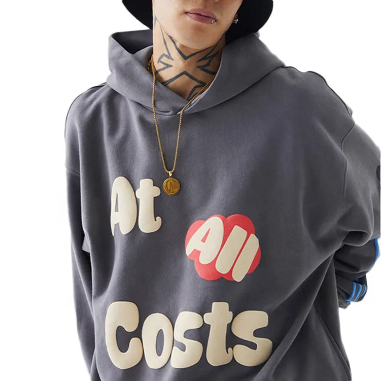 wholesale custom cotton oversized hooded letter printed grey hoodie sweatshirts mens 3d puff print hoodie