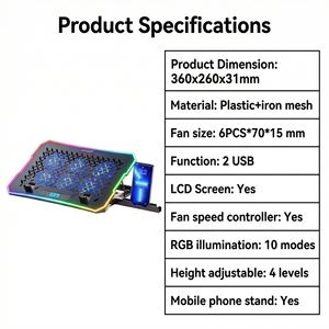 Refroidisseur d'ordinateur <span class=keywords><strong>portable</strong></span> Jetion 360x260x31mm à 6 ventilateurs, support pour téléphone <span class=keywords><strong>portable</strong></span> avec écran LCD, 10 lumières RGB, 4 niveaux de hauteur réglables, panneau métallique PJT-NCL2130 - Product Image 2
