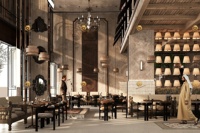 Conception d'intérieur de restaurant 3D du Moyen-Orient, concept de café-restaurant moderne, ensemble table et chaises sur mesure, canapé et chaise en bois massif