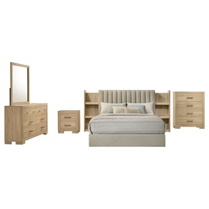 Ensemble de chambre à coucher moderne <span class=keywords><strong>avec</strong></span> <span class=keywords><strong>lit</strong></span> rembourré en chêne clair et <span class=keywords><strong>étagère</strong></span>s de rangement dissimulées, disponible en tailles Full/Queen/King - Product Image 1