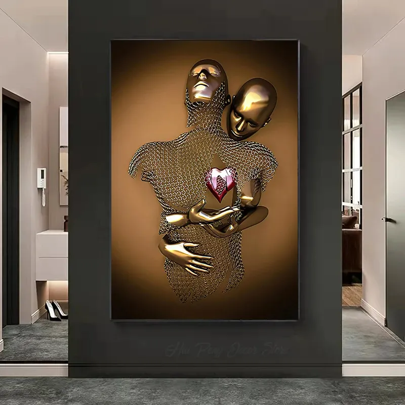 Efecto 3D Metal amor parejas abrazo corazón lienzo pintura carteles abstractos impresiones pared arte hogar habitación decoración pared colgante Mural