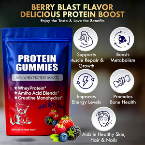 Gummies Protéinés Végétaliens pour Adultes, Marque Privée OEM, <span class=keywords><strong>100</strong></span>% Isolat de <span class=keywords><strong>Whey</strong></span>, Créatine, 60 Unités, Saveur Baies Mixtes, Sans Sucre - Product Image 3