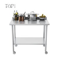 Table de travail de qualité commerciale en acier inoxydable 304 à double niveau, polie, brillante, antirouille, design moderne, avec 4 roues, capacité 300 kg/m