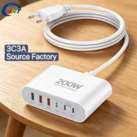 Station de charge multi-USB-C 200W GaN 6 ports, bloc de chargeur mural compatible avec iPhone iPad, alimentation directe d'usine
