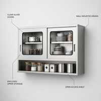 Armoire de rangement murale moderne en acier inoxydable à deux niveaux avec portes transparentes pour restaurant, traiteur, cuisine