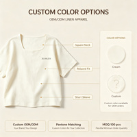 T-shirt à col carré en mélange coton-lin, coupe décontractée, manches courtes, pour femme, fabrication OEM ODM, vente en gros