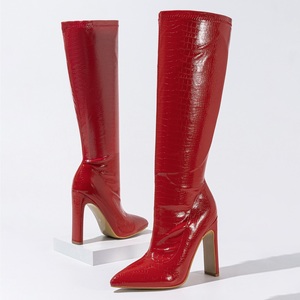 XSD New Thick Heel Mid-leg Elastic Inner Zipper Irregular Fashion Stone Pattern Pointed Toe Women's Boots - Product Image 5