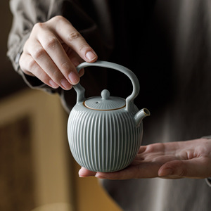 Guanlan Sky Blue Ceramic Teapot With Handle Vertical Striped <b>Small</b> Kung Fu Tea Set - Product Image 2