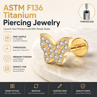 JiaXin ASTM-F136 Piercing Corporal de Titanio Sin Rosca con Parte Trasera Plana, Tipo Labret, Medusa, Concha, Lóbulo, Flor, Circonita Cúbica, 16G