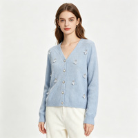 Cardigan en tricot bleu pour femme, col en V, manches longues, fait main, orné de perles, strass et sequins, pull de créateur, manteau en tricot ouvert sur le devant