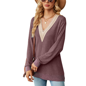 2024 Planejador Personalizado Oversized Lace Trim V Neck Tee Senhoras Designs Blusas Elegantes Mulheres - Product Image 2