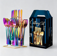 Ensemble de couverts suspendus en acier inoxydable rose doré arc-en-ciel, 24 pièces, avec support, pour cadeaux de mariage, écologiques et réutilisables