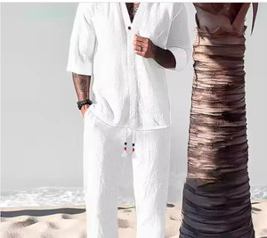 Men's Crinkled Mid-Sleeve Two-Piece Set - Summer Oversized Loose Fit Casual Outfit &amp; Breathable T-Shirt <strong>Combo</strong> - Product Image 1
