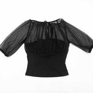Viviblook Y26TP228 Haut décontracté pour femme, nouveau modèle d'été, sexy, en maille, col rond, manches courtes, patchwork - Product Image 6