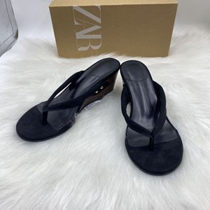 Sandales compensées à entre-doigts en PU respirantes et confortables, style français, à talon haut et tendance pour femme - Product Image 3