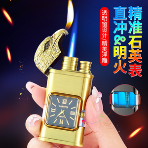 Dual Flame Embossed Quartz Watch Clock Cigarette Lighter Transparent Air Chamber <b>Refillable</b> Butane Windproof Classic Business - Product Image 4