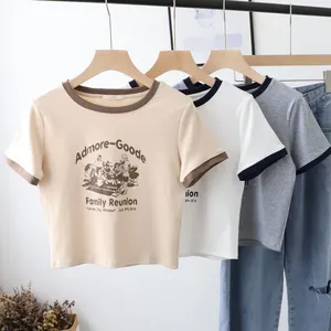 OEM Hữu Cơ đường phố mặc áo sơ mi phụ nữ Crop Top Ladies cơ bản bán buôn TEE số lượng lớn người phụ nữ trắng bông đồ họa mềm Ringer t Áo sơ mi